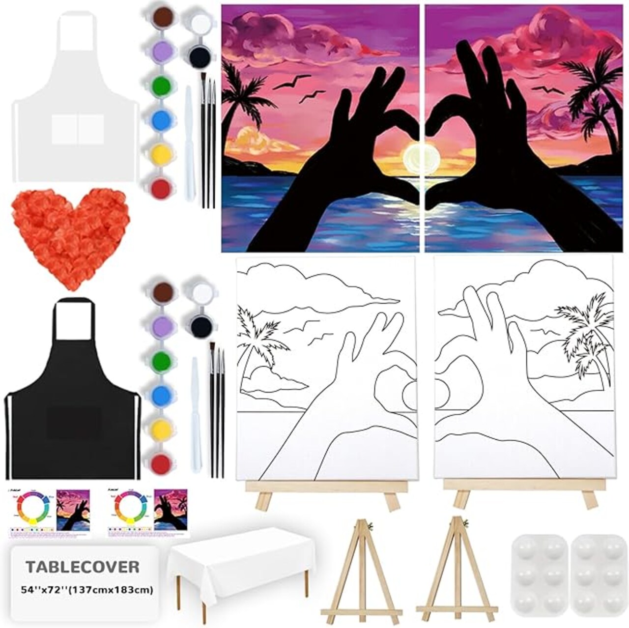 2 Pack Sip and Paint Kit for Adults Couples Painting Kit Pre Drawn Canvas to Paint Valentines Day at Home Date Night Party Favor Supplies Art Couples Activity Romantic 8x10 Canvas Painting Kit